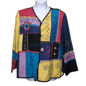 VTG Indigo Moon Patchwork Jacket Womens Size 1X Blue Red Yellow Black Tapestry